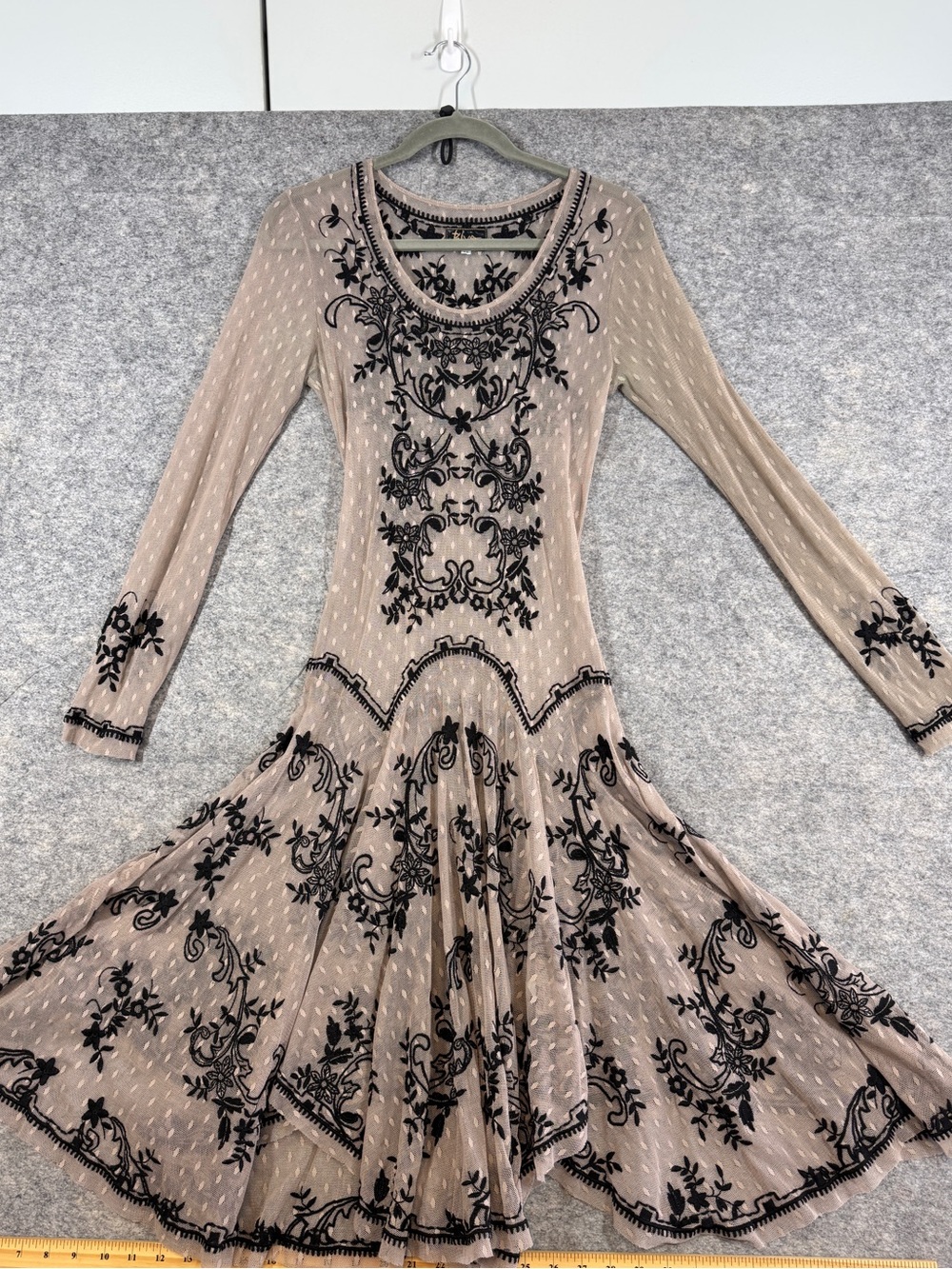 BIYA Johny Was Y2K Embroidered Mesh Dress Beige Black Medium Boho Fairy Grunge